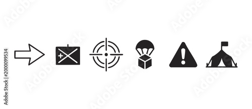 Military Map Icons Set Tactical Symbols and Combat Strategy Elements for Navigation and Logistics Planning with Arrow Target Parachute Warning and Base Camp Icons for Tactical Operations and Digital U
