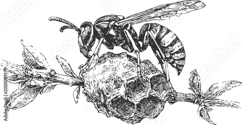 wasp on nest hanging from tree branch with leaves detailed black and white sketch illustration
