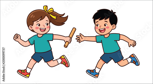 Cuadro en lienzo cartoon illustration of two children passing a baton in a relay race