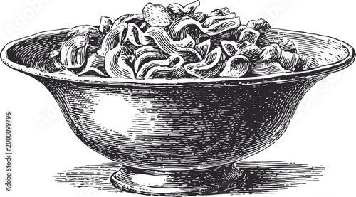 Vintage engraved bowl filled with pasta, italian cuisine, traditional food illustration