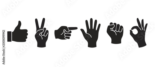 Hand Gestures Set Icons Collection, Black Silhouette Symbols Representing Communication, Approval, Victory, Pointing, Counting, Fist, and Ok Sign for Interface Design, Web Graphics, and Social Media U