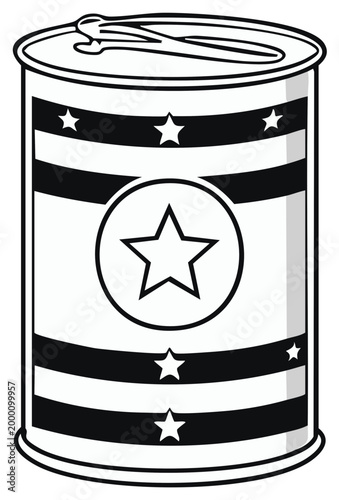 Retro Styled Food Can with Star and Stripe Decoration Black and White Illustration