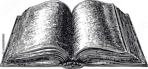 Open vintage book illustration with visible detailed pages and classic engraving