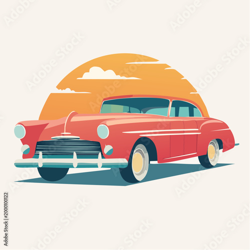 Retro Red Car Illustration with Sunset Background