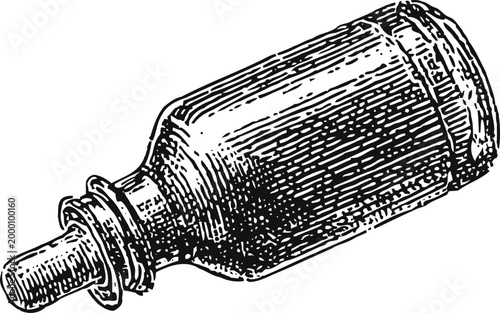 Vintage glass bottle with stopper engraved antique container for liquids or medicine retro illustration