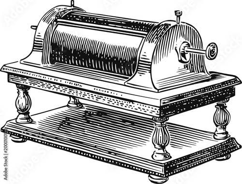 Antique cylinder phonograph with wooden base and metal crank handle vintage music device