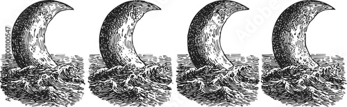 vintage crescent moon rising above turbulent ocean waves night sky celestial symbol illustration