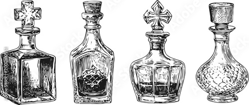 Vintage glass decanters with ornate stoppers hand drawn antique bottles for whiskey, liquor, or spirits collection