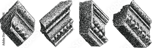 Set of vintage architectural stone corbels, detailed ornamental brackets for building decoration