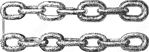 Illustration of vintage metal chain links connected in a horizontal line, antique drawing