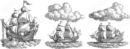 Vintage sailing ships on the sea with detailed sails and rigging, classic maritime illustration with clouds