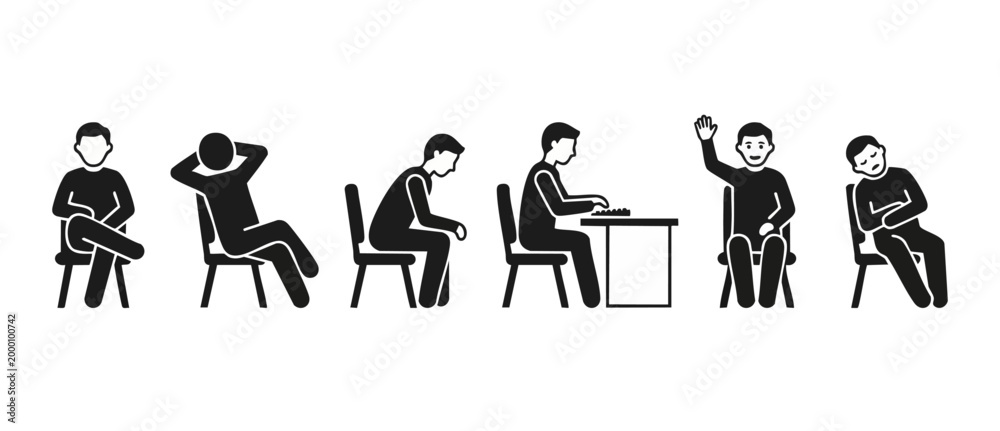Obraz premium People Sitting Icons Set in Various Poses and Actions for Office or Classroom Concept, Human Body Language and Behavior Symbols Isolated on White Background, Minimalist Flat Vector Illustration Collec