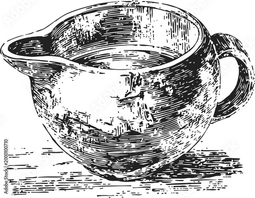 Vintage ceramic jug with handle and pouring spout, hand drawn rustic kitchenware illustration