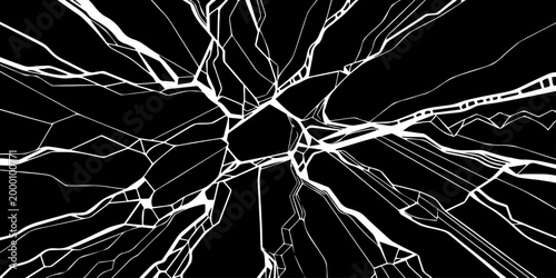 Abstract shattered glass crack pattern on black background radial fracture texture design.