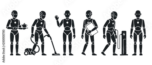 Robot set performing daily tasks icons, humanoid bot actions and household chores, smart assistant collection isolated on white background, future automation concept with charging station and tea serv