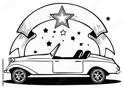 Retro Convertible Car Under Star Burst Ribbon Decoration Vintage Automobile Design Elements