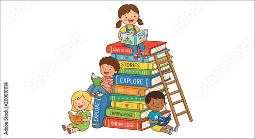 children reading books stacked as a tower with ladder colorful illustration