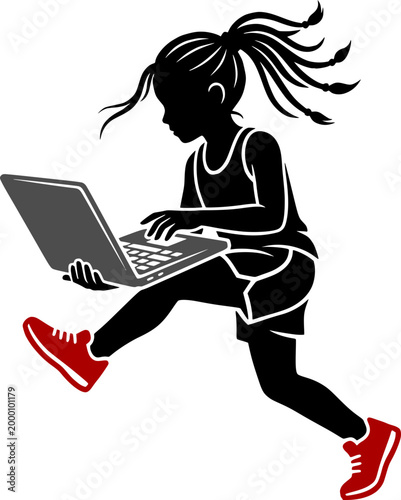 Silhouette of a young girl running while using a laptop, wearing red sneakers, representing fast learning, digital education, and agile technology.