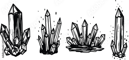 Crystal clusters, crystal formations, gemstone illustrations, black and white vector set