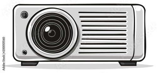 Modern digital projector with large lens and ventilation detail for presentation