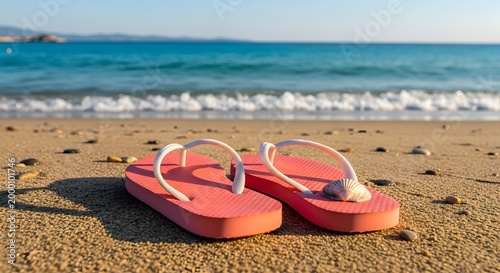 Pink flip-flops rest on the tropical sandy shore as ocean waves touch the beach during a relaxing summer vacation holiday