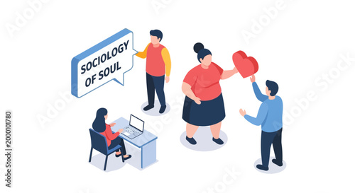 Isometric illustration of people interacting with sociology of soul concept.