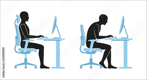 correct and incorrect posture silhouettes at a desk