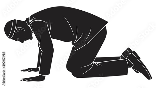 Black silhouette of muslim man praying namaz, minimal clean vector, white background.