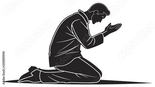Black silhouette of muslim man praying namaz, minimal clean vector, white background.