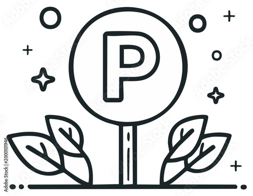 Parking symbol sign with leaves. Outline drawing of P letter illustration, vector icon for parking place. Minimalism logo concept.
