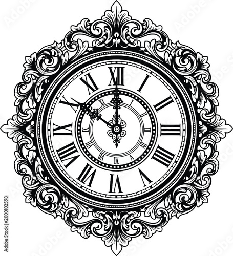 Antique ornate clock face with roman numerals, black and whi