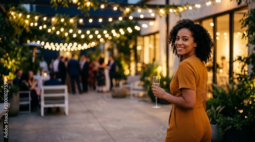 African American woman smiling with champagne at an outdoor evening event celebration.