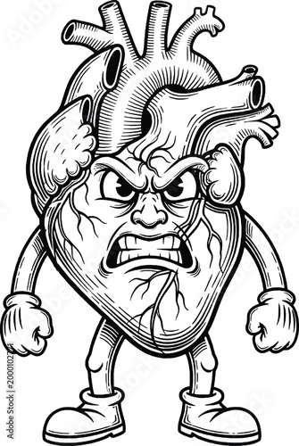 Angry heart character with clenched fists, character