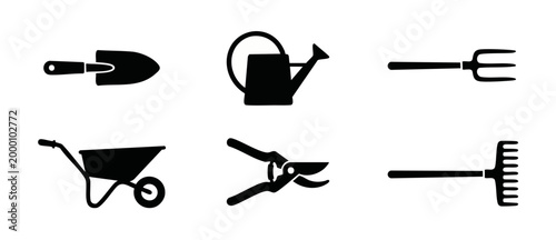Gardening tools silhouette icon set, flat black horticultural equipment collection including shovel, watering can, pitchfork, wheelbarrow, pruning shears and rake for landscaping and farm design proje
