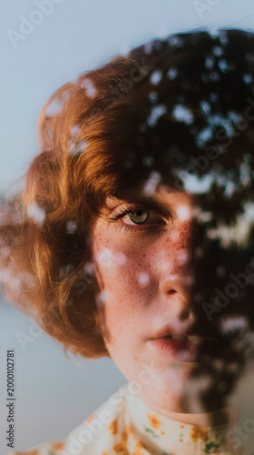 Double Exposure Portrait of a Short Haired Woman. Generative AI