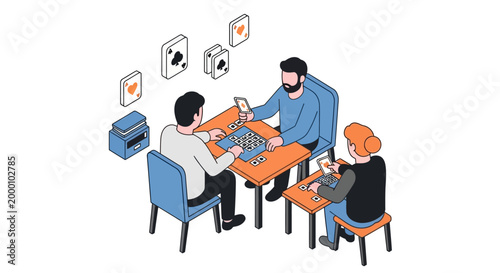 Isometric Illustration of People Playing Cards and Board Games Together.