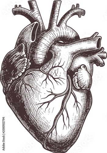 Detailed drawing of a human heart with circulation, arteries