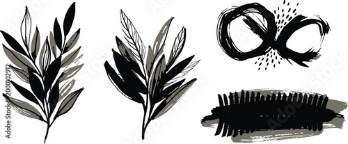 Black and white leaf illustrations, mascara brush, and infinity symbol, minimalist vector icons set