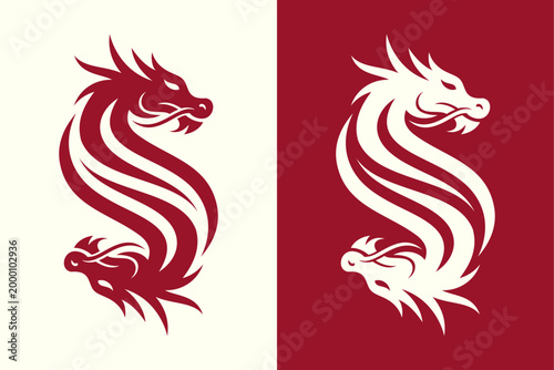 Elegant Red Twin Dragon Letter S Logo Design - Modern Mythical Asian Serpent Monogram Vector Illustration for Corporate Brand or Martial Arts