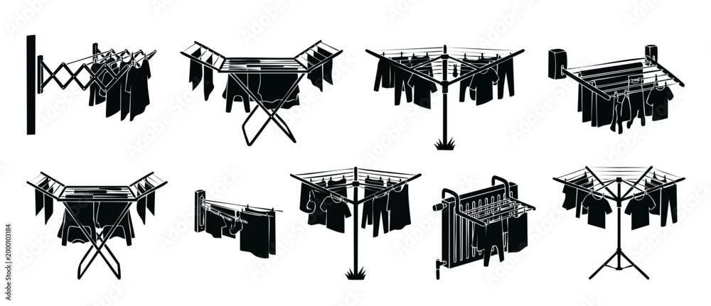 Obraz premium Clothes drying rack icons set, laundry hanging equipment for indoor and outdoor use. Collection of retractable, folding, and rotary airer silhouettes for washing, household chore, and garment drying.