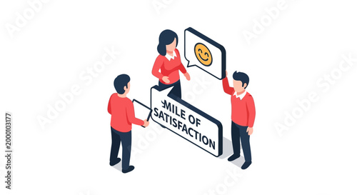 Isometric Illustration of People Sharing the Mile of Satisfaction Message.