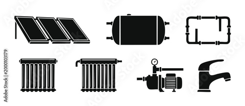 Heating and Plumbing Icons Set - Solar Panels, Water Boiler, Radiator, Pipe System, Water Pump, and Tap Faucet for Sustainable Home HVAC Systems and Industrial Engineering Infographic Design Elements.