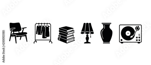 Home Decor Interior Furniture Icons, Lifestyle Objects Set for Residential Design, Minimalist Black Silhouette Illustrations of Armchair, Clothing Rack, Books, Table Lamp, Vase, and Vintage Record Pla