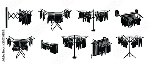 Clothes drying rack icons set, laundry hanging equipment for indoor and outdoor use. Collection of retractable, folding, and rotary airer silhouettes for washing, household chore, and garment drying.