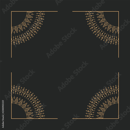 Elegant gold corner frame in mandala style with delicate ornamental details and thin line geometry. Symmetrical square border on dark background, suitable for invitations, certificates, branding, pack