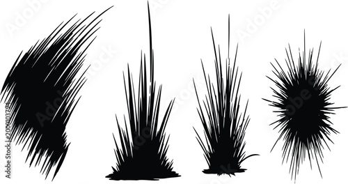 Black grass, foliage, and shrubbery brush strokes, vector set of 4