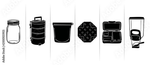 Zero Waste Food Storage Containers Icon Set, Reusable Eco Friendly Kitchen Supplies, Sustainable Living Items, Glass Jar, Tiffin Box, Silicone Bag, Beeswax Wrap, Bento Box, Dry Food Dispenser Illustra