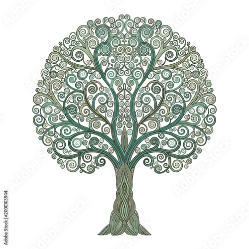 Intricate Celtic Tree of Life with Swirling Green and Brown Patterns