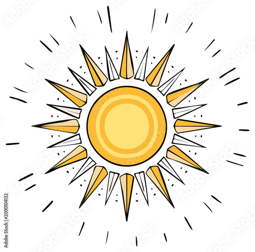 Radiant vector illustration of a sun with sharp and bright rays, radiating heat and light, astrological symbol, energy, warm feeling, summer vibes