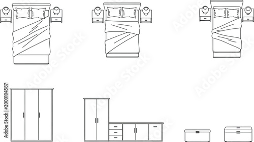 Technical drawings of various cabinet and shelving unit designs and configurations
